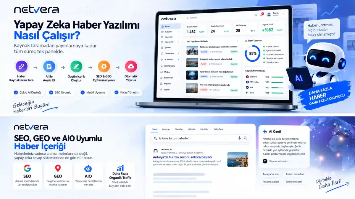 NetVera yapay zeka haber yazılımının kaynak tarama, AI analiz, yeniden yazım ve otomatik yayın süreci