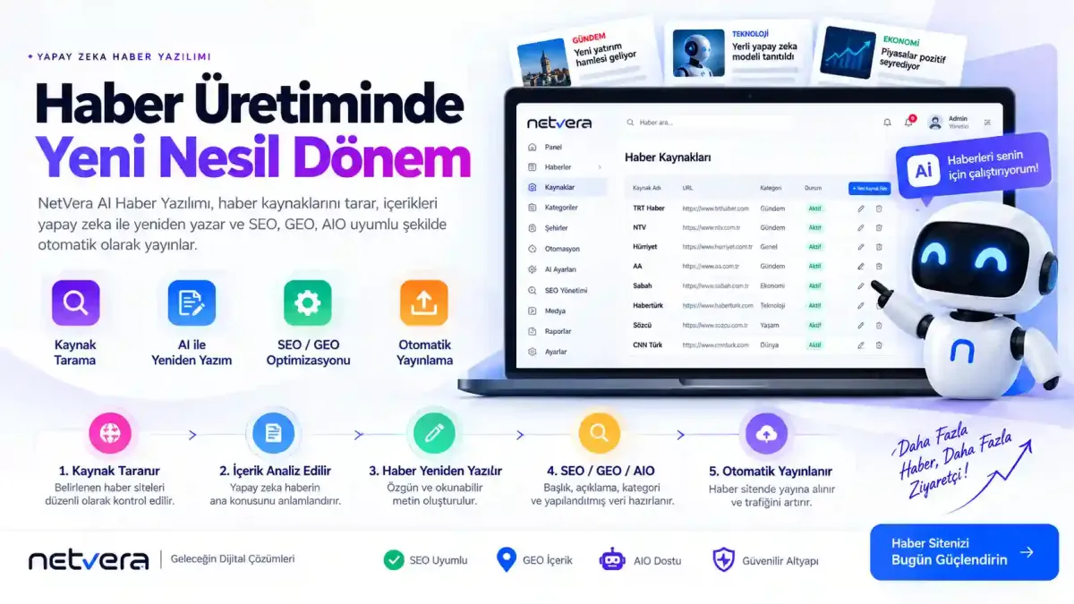 SEO GEO ve AIO uyumlu haber içeriğinin Google ve yapay zeka arama sistemlerinde görünürlüğünü gösteren NetVera görseli